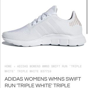 Adidas Swift Run Triple White with rose gold detailing on the heels